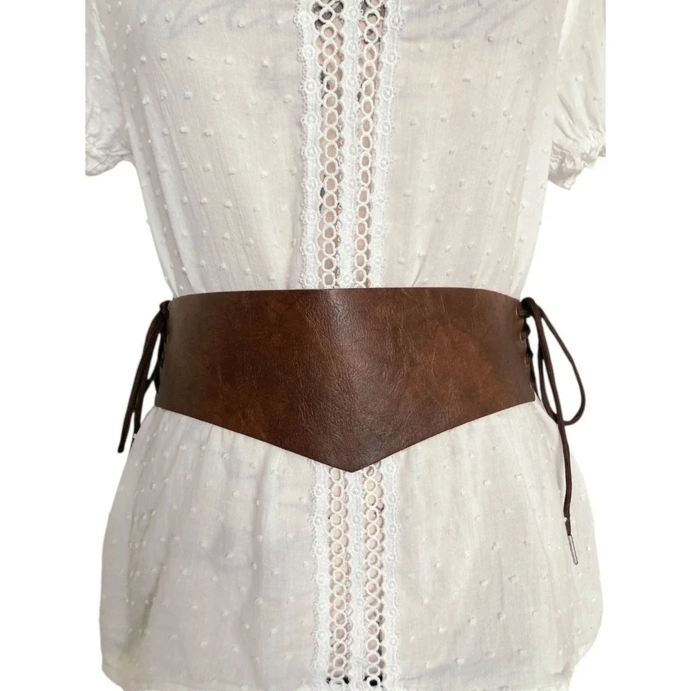 Brown Wide Waist Corset Lace Up Faux Leather Belt Statement Ren Faire Size M/L